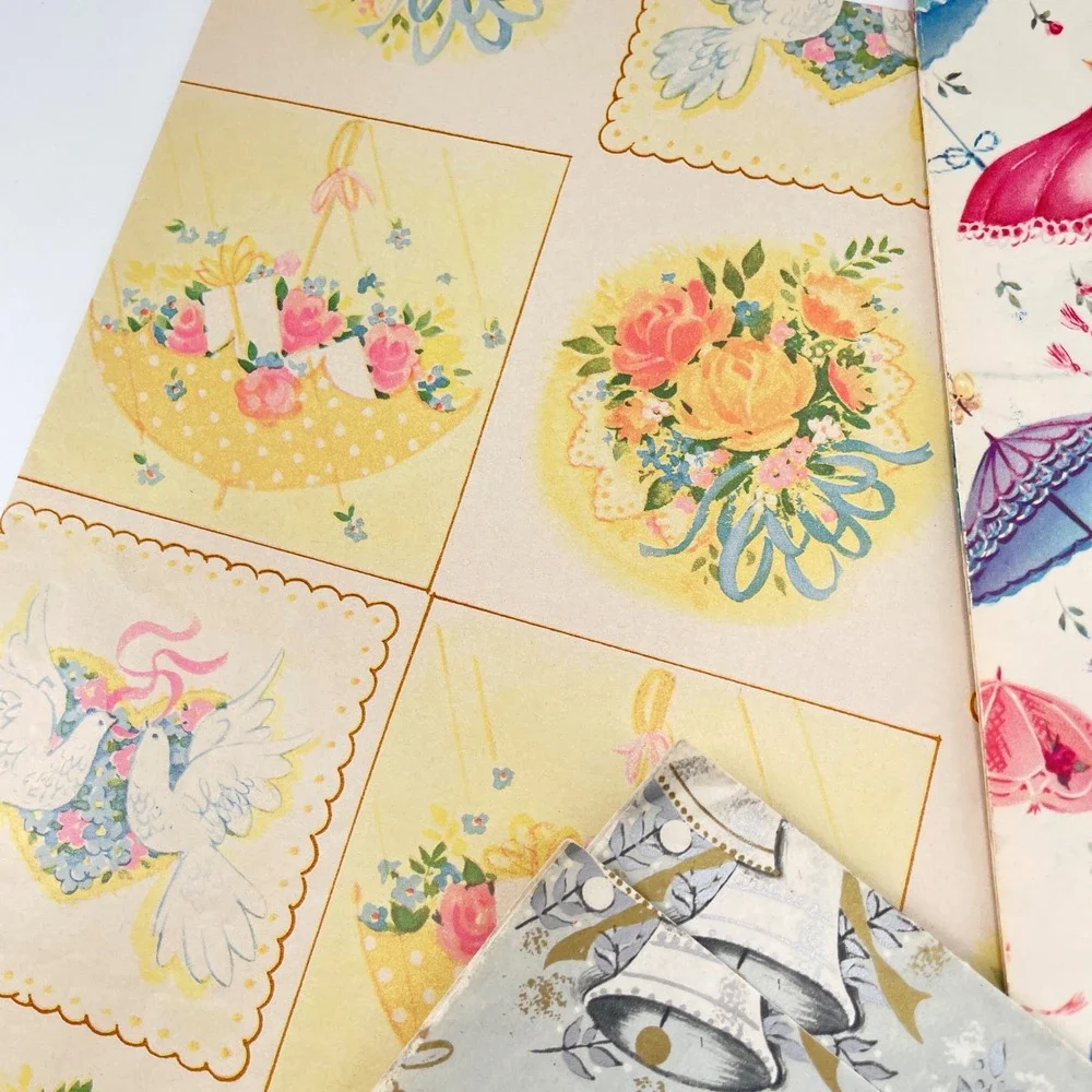 Vtg Variety Gift Wrap 4 Ribbon Lot Baby Wedding Shower Mid Century Junk Journal